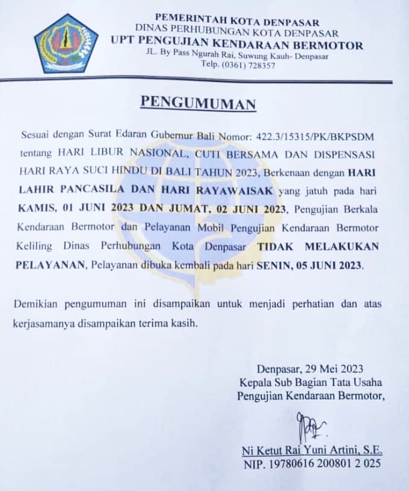 Informasi Terkait Pelayanan Berkala dan Uji Kir Keliling tidak beroperasi pada tanggal 1-2 Juni 2023