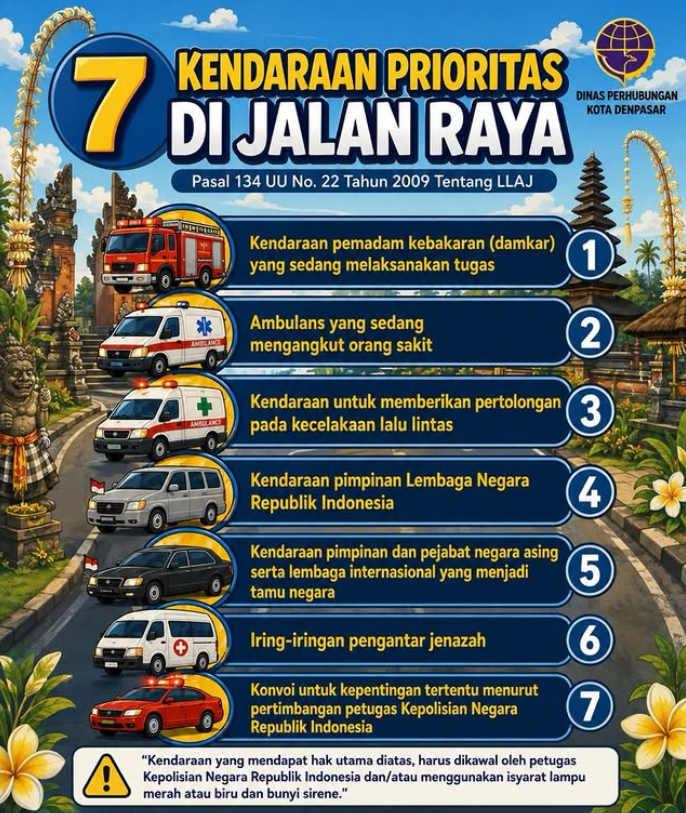 Dinas Perhubungan Kota Denpasar Ingatkan Masyarakat Tentang 7 Kendaraan Prioritas di Jalan Raya